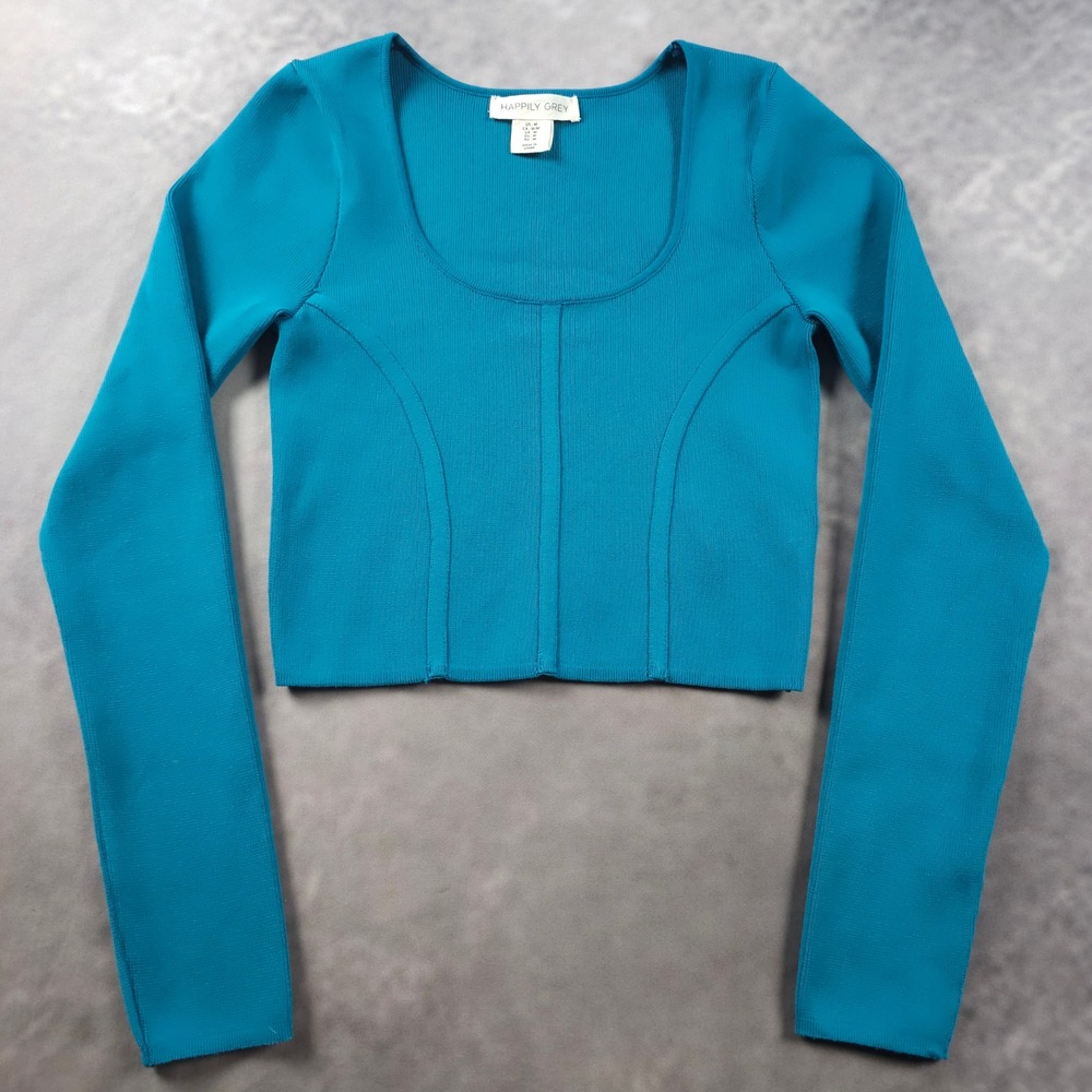 Happily Grey Corset Crop Top Ribbed Long Sleeve Going Out Teal Medium